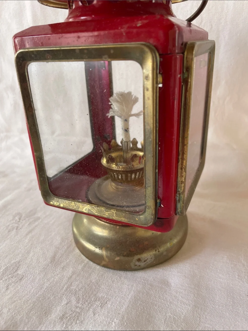 Vintage Red & Brass Decorative Railroad Lantern 1960s Classic Kerosene Oil Lamp